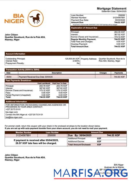 Printable Niger Banque Internationale pour l'Afrique au Niger (BIA Niger) mortgage statement Word and PDF template